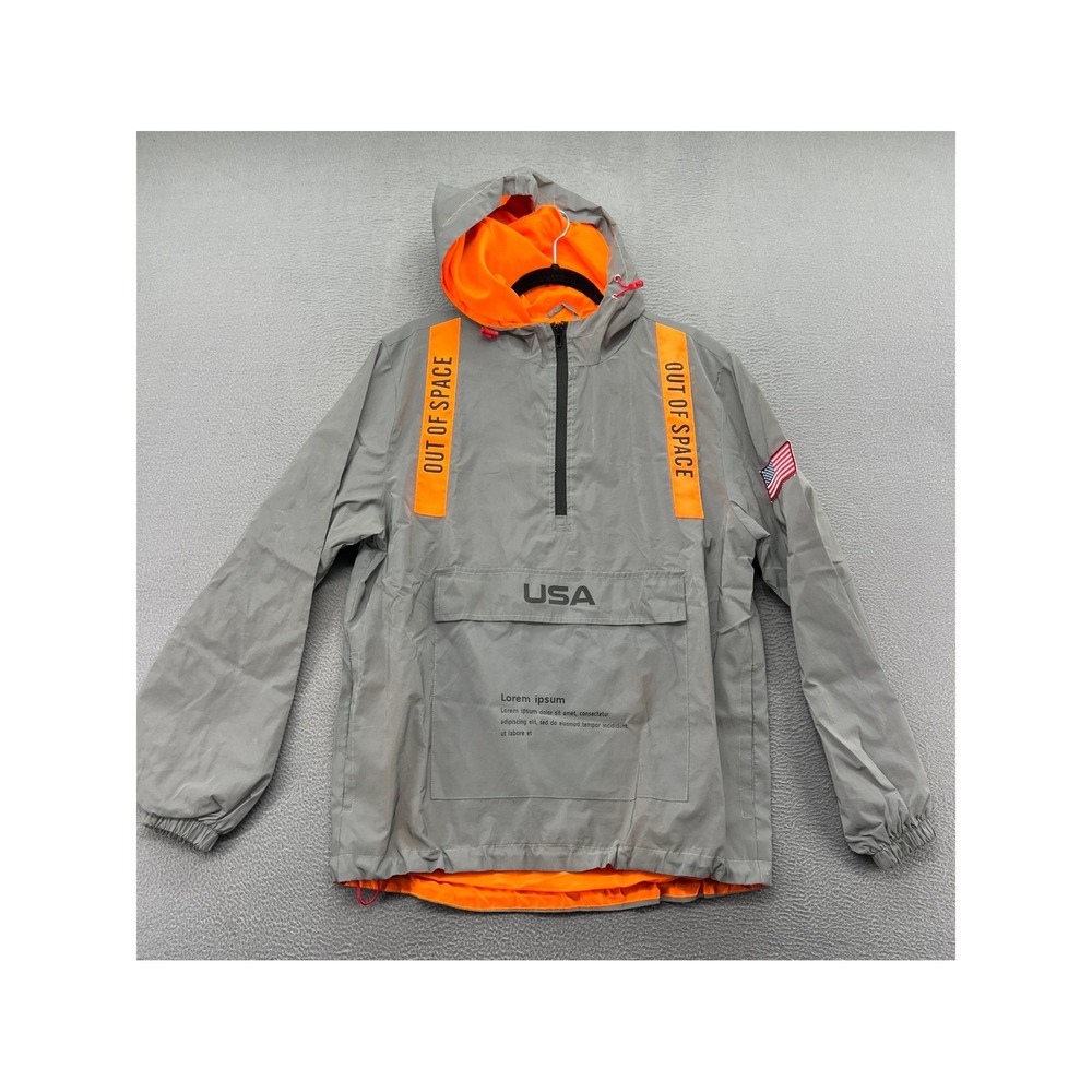Bleecker & Mercer Reflective Anorak Windbreaker Mens Small Grey Orange USA Space